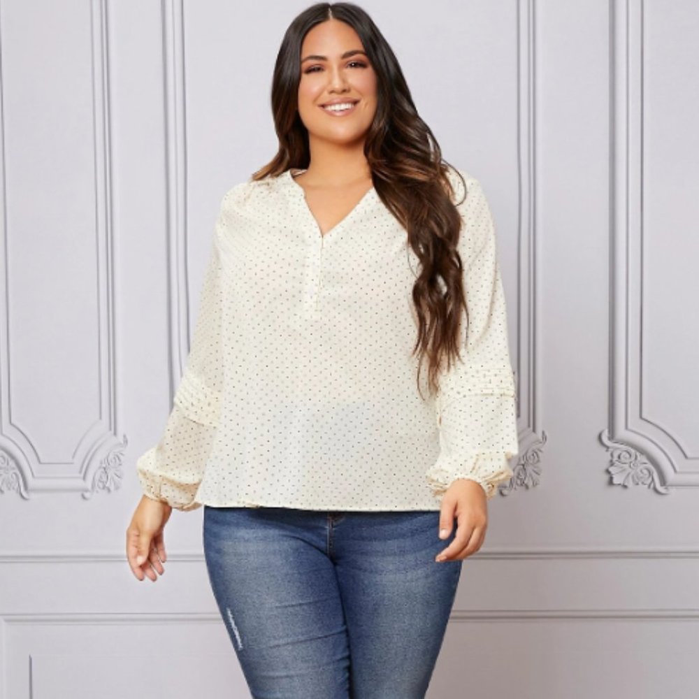 SHEIN Plus Polka Dot Press Crease Bishop Sleeve Blouse